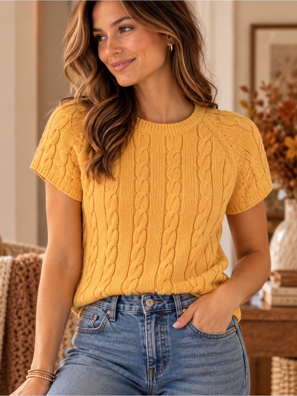 Eddie Bauer 100% Cotton Cable Knit Short Sleeve Sweater Yellow Small